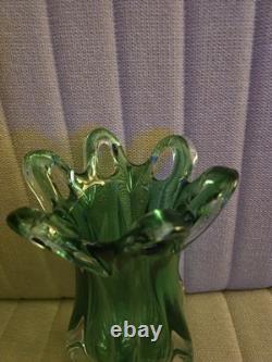 Large Sommerso Murano Glass Vase Green Ribbed Vintage