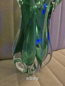 Large Sommerso Murano Glass Vase Green Ribbed Vintage