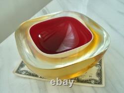 Large Vintage Amber/Red MURANO Sommerso Glass Polished Top GEODE BOWL Italy MCM
