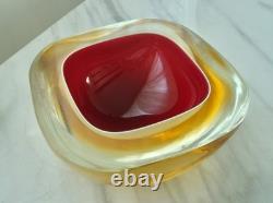 Large Vintage Amber/Red MURANO Sommerso Glass Polished Top GEODE BOWL Italy MCM