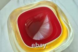 Large Vintage Amber/Red MURANO Sommerso Glass Polished Top GEODE BOWL Italy MCM