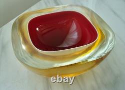 Large Vintage Amber/Red MURANO Sommerso Glass Polished Top GEODE BOWL Italy MCM