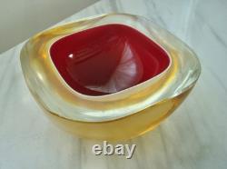 Large Vintage Amber/Red MURANO Sommerso Glass Polished Top GEODE BOWL Italy MCM
