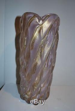 Large Vintage Barovier Murano Art Glass Vase in Pink and Gold Aventurine