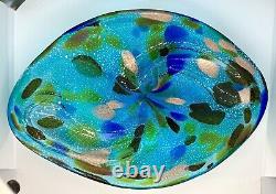 Large Vintage Murano Aqua Murrine With Silver & Bronze Glass Centerpiece Tray