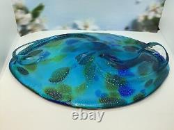 Large Vintage Murano Aqua Murrine With Silver & Bronze Glass Centerpiece Tray