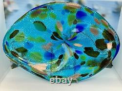 Large Vintage Murano Aqua Murrine With Silver & Bronze Glass Centerpiece Tray