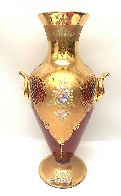 Large Vintage Murano Art Glass 24K Gold Gilded Ruby Red Tall Vase Venetian 17