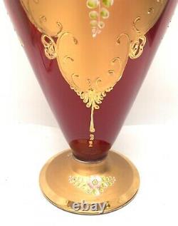 Large Vintage Murano Art Glass 24K Gold Gilded Ruby Red Tall Vase Venetian 17