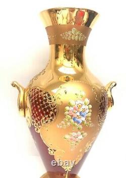 Large Vintage Murano Art Glass 24K Gold Gilded Ruby Red Tall Vase Venetian 17