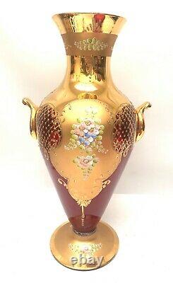 Large Vintage Murano Art Glass 24K Gold Gilded Ruby Red Tall Vase Venetian 17