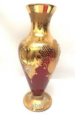 Large Vintage Murano Art Glass 24K Gold Gilded Ruby Red Tall Vase Venetian 17