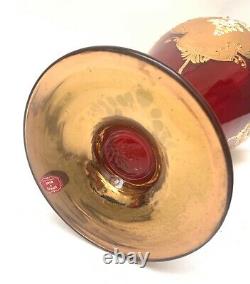 Large Vintage Murano Art Glass 24K Gold Gilded Ruby Red Tall Vase Venetian 17