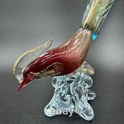 Large Vintage Murano Art Glass Pheasant in Red, Blue, & Gold Adventurine