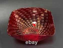 Large Vintage Murano Art Glass Ruby Red Gold Aventurine Bullicante Bubble Bowl