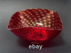 Large Vintage Murano Art Glass Ruby Red Gold Aventurine Bullicante Bubble Bowl