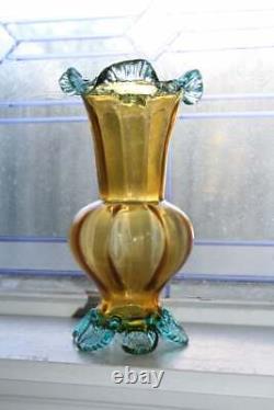 Large Vintage Murano Glass Vase Blue and Amber Handmade 1960s