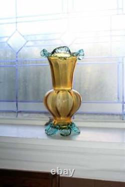 Large Vintage Murano Glass Vase Blue and Amber Handmade 1960s