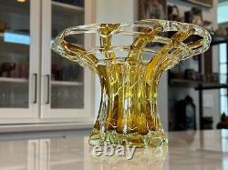 Large Vintage Murano Italy Hand Blown Yellow Glass Vase Open Lattice Web