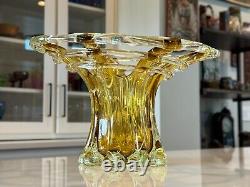 Large Vintage Murano Italy Hand Blown Yellow Glass Vase Open Lattice Web