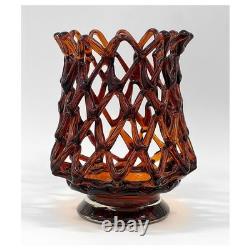 Large Vintage Murano Italy Weave Basket Style Dark Amber Glass Sculpture 12