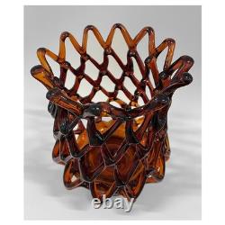Large Vintage Murano Italy Weave Basket Style Dark Amber Glass Sculpture 12