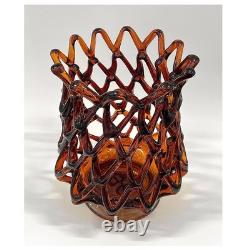 Large Vintage Murano Italy Weave Basket Style Dark Amber Glass Sculpture 12