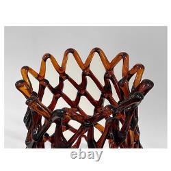 Large Vintage Murano Italy Weave Basket Style Dark Amber Glass Sculpture 12