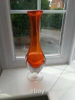 Large Vintage Murano Orange Sommerso Footed Art Glass Vase. (Slight uranium)