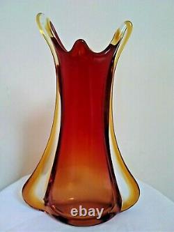Large Vintage Murano Sommerso Art Glass Vase C1960's Red Orange Amber