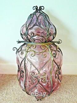 Large Vintage Wirework Hand Blown Bubble Glass Caged Lantern Lamp Seguso Murano