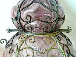 Large Vintage Wirework Hand Blown Bubble Glass Caged Lantern Lamp Seguso Murano