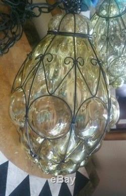 Large pale amber antique /vintage Cage Blown Glass Murano Bubble Light Lamp