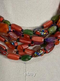 Layered Vintage Murano Glass Choker Venetian Bead Necklace Multicolour Red Gold