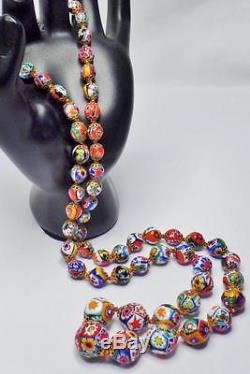 Long Art Deco Vintage Murano Venetian Millefiori Art Glass Bead Knotted Necklace