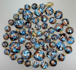 Long Vintage Venetian Murano Speckled Blue Turquoise Foiled Glass Bead Necklace