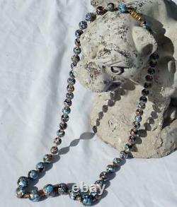 Long Vintage Venetian Murano Speckled Blue Turquoise Foiled Glass Bead Necklace