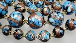 Long Vintage Venetian Murano Speckled Blue Turquoise Foiled Glass Bead Necklace