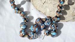 Long Vintage Venetian Murano Speckled Blue Turquoise Foiled Glass Bead Necklace