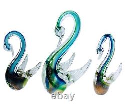 Lot of 3 Swans Vintage Murano Art Glass Italy Blue & Green withGold Specks