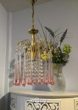 Lovely pink murano and crystal glass vintage waterfall chandelier light. Perfect
