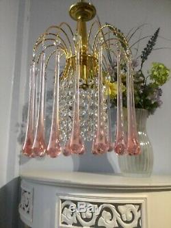 Lovely pink murano and crystal glass vintage waterfall chandelier light. Perfect