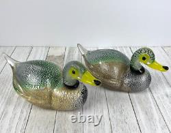 MAGNIFICENT Vintage MURANO GLASS DUCK Figurines Figure Set Gold Aventurine GLOWS
