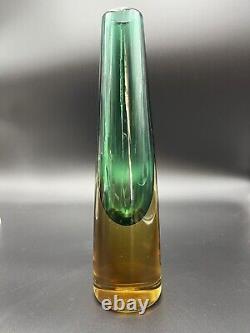 MCM 1950's Vintage Murano Salviati Art Glass Sommerso Vase Bottle Green Amber