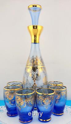 MCM Vintage Blue Murano Venetian Glass 24k Gold Trim Decanter &6 Glasses Set