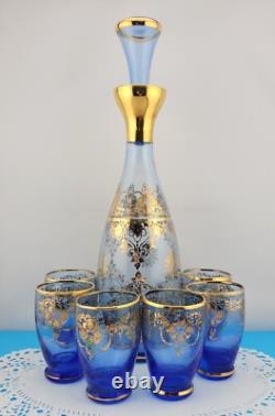 MCM Vintage Blue Murano Venetian Glass 24k Gold Trim Decanter &6 Glasses Set