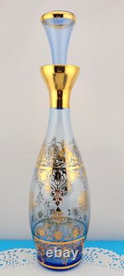 MCM Vintage Blue Murano Venetian Glass 24k Gold Trim Decanter &6 Glasses Set
