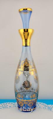 MCM Vintage Blue Murano Venetian Glass 24k Gold Trim Decanter &6 Glasses Set