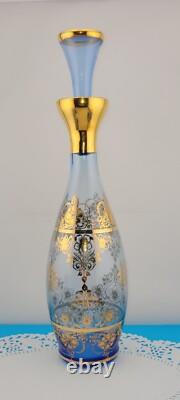 MCM Vintage Blue Murano Venetian Glass 24k Gold Trim Decanter &6 Glasses Set