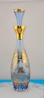 MCM Vintage Blue Murano Venetian Glass 24k Gold Trim Decanter &6 Glasses Set